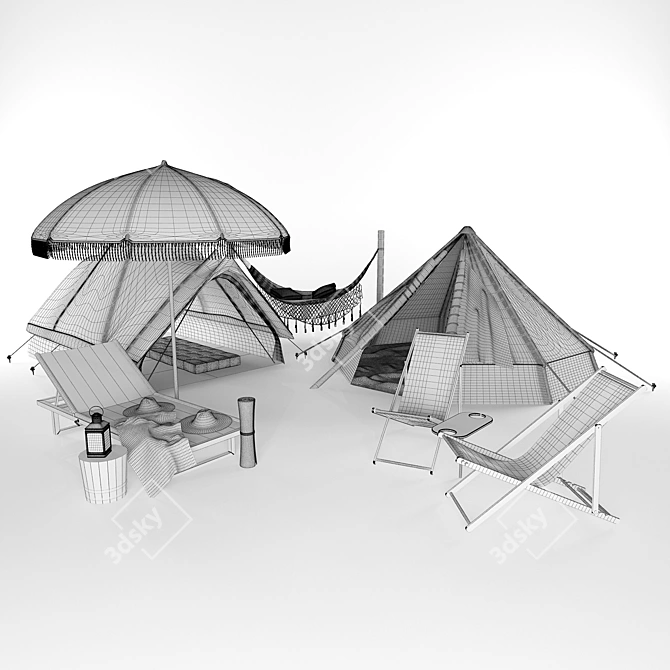 Beach Camping Essentials: Tepee Tent, Umbrella, Hammock, Sunbed & More! 3D model image 2
