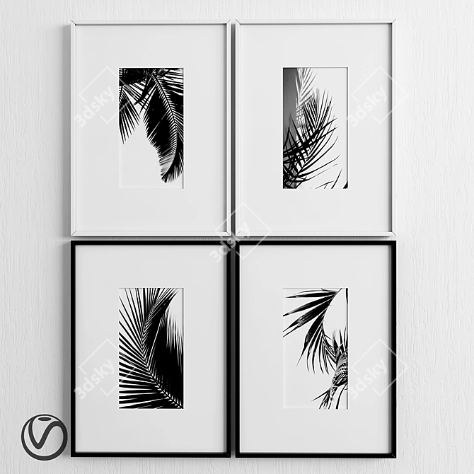 Monochrome Leaves: Set of 4 Framed Pictures (Black/White) 3D model image 1