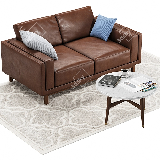 Modern Leather Sofa Set: Loveseat, Table & Rug 3D model image 1