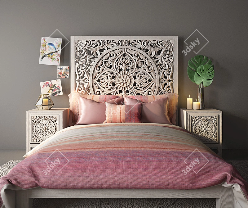 Lombok Queen Bed Set: Handcrafted Mango Wood & Nightstand by Anthropologie 3D model image 2