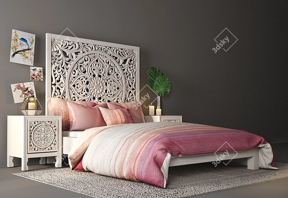 Lombok Queen Bed Set: Handcrafted Mango Wood & Nightstand by Anthropologie 3D model image 3