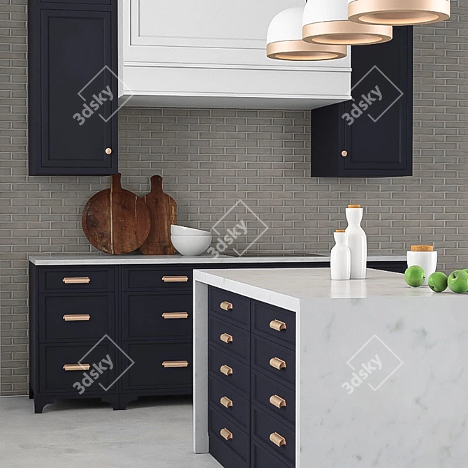 Custom Navy Kitchen Set: Bar Stool, Sink Unit, Mixer, Lamp, Tableware 3D model image 3