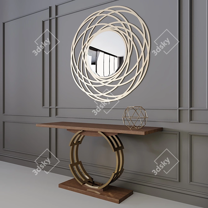 Elegant Walnut Console & Copper Mirror 3D model image 1