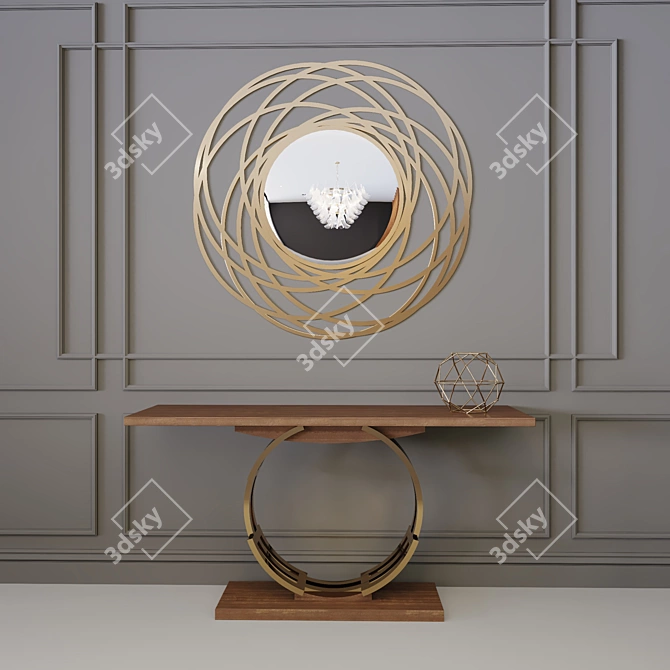 Elegant Walnut Console & Copper Mirror 3D model image 2