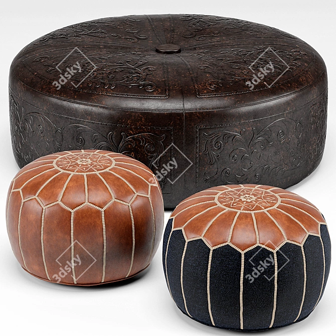 Short unique title: Hand-Carved Leather Pouf Set 3D model image 1