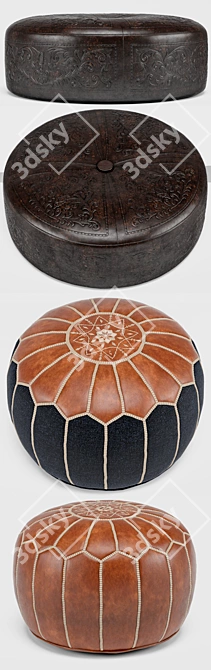 Short unique title: Hand-Carved Leather Pouf Set 3D model image 2