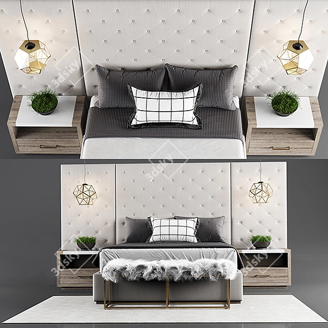 Thyne Tufted Queen Bed with Wall Panels 3D model image 1