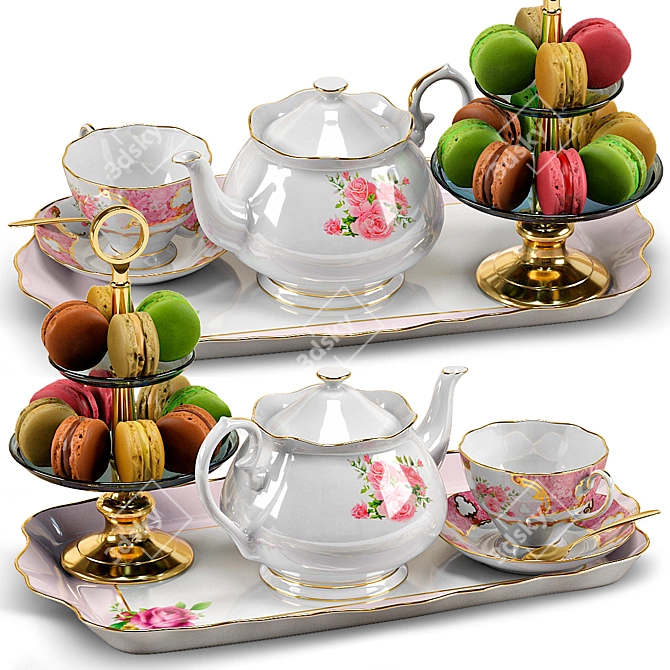 Elegant Pink Tea Set 3D model image 1