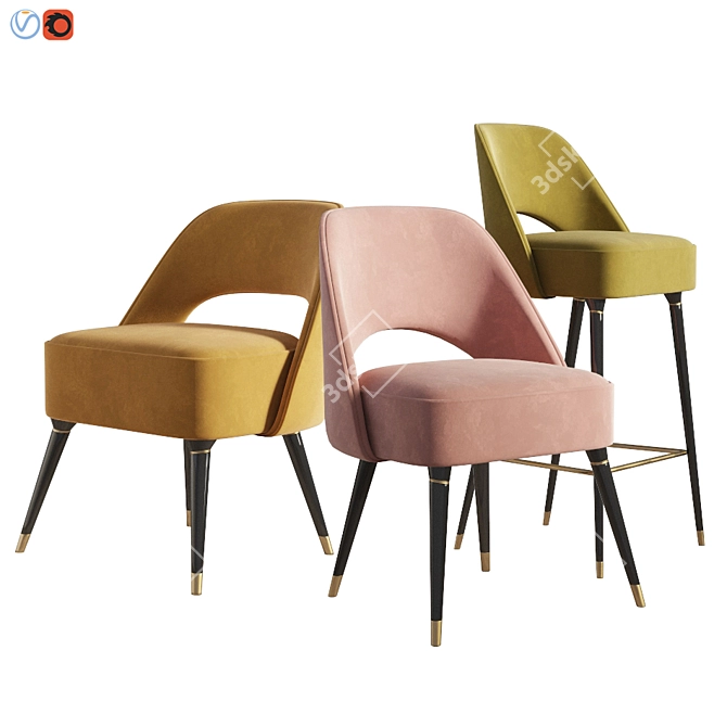 Elegant Collins Chair Set: Velvet, Wood 3D model image 2