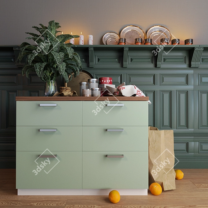 Ikea Metod Kitchen Set - Green Cabinet, Wood Worktop, Decoratives 3D model image 1