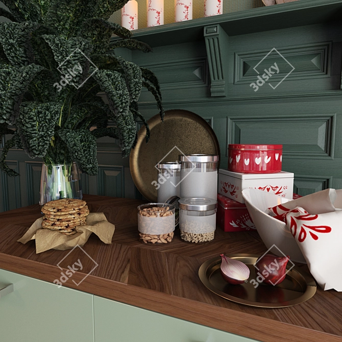 Ikea Metod Kitchen Set - Green Cabinet, Wood Worktop, Decoratives 3D model image 2