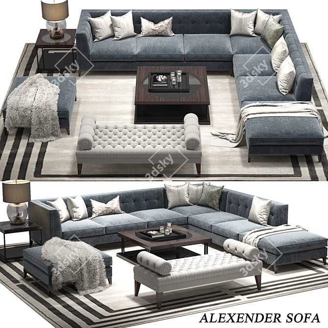 Stylish Living: Alexander Sofa, Roman Table, Milton Stool & Concave Brass Lighting 3D model image 1