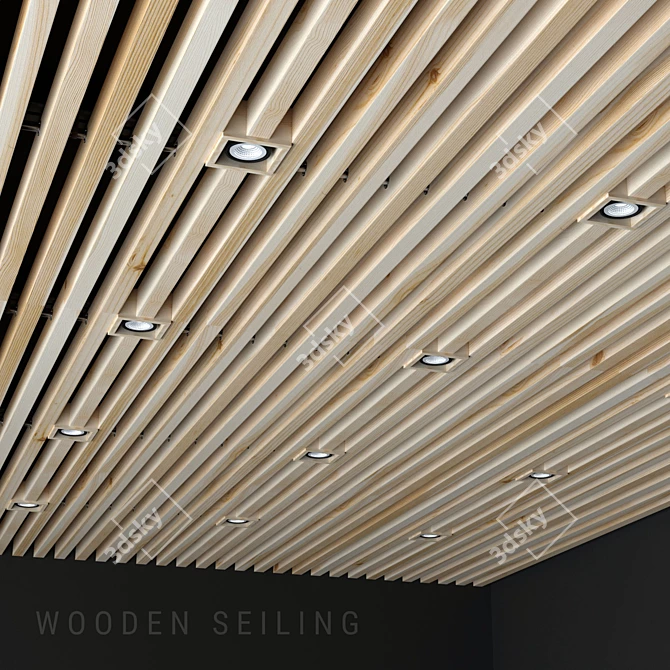 Elegant Wooden Ceiling with Aluminum Light Fixtures 3D model image 1