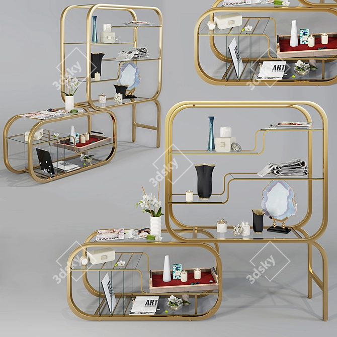 Adjustable Brass & Glass Etagere 3D model image 1