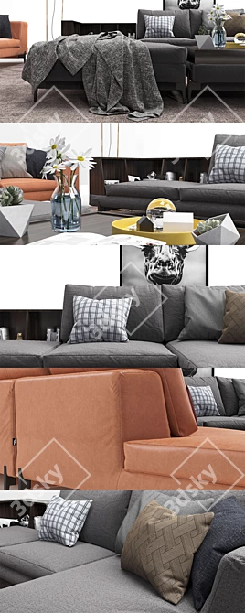 Modern Italian Corner Sofa: Ditre Italia Kim with Wooden Panel & Decor 3D model image 2