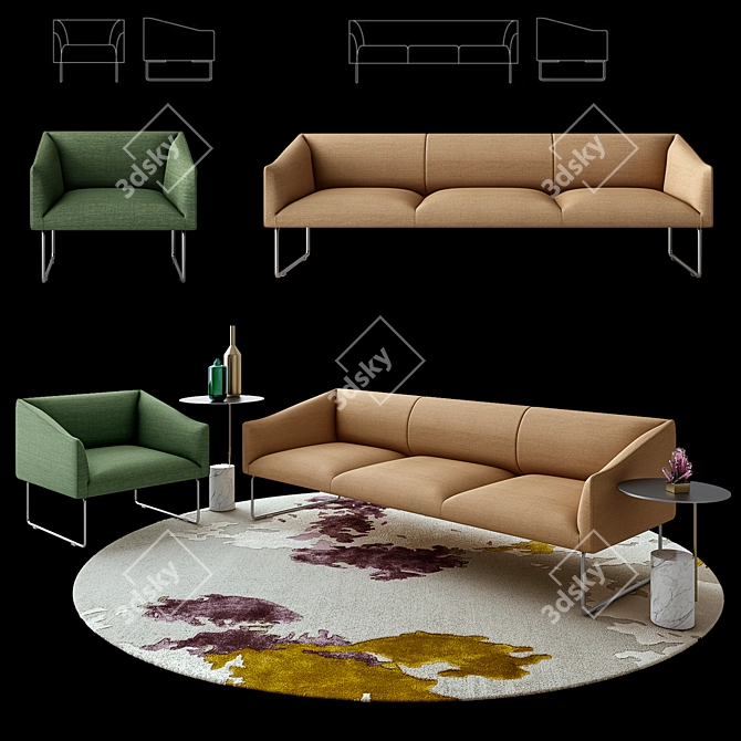 Modern Sofa & Armchair Set + Stylish Side Table 3D model image 1