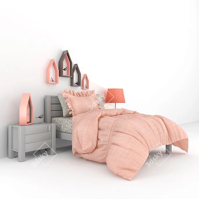 Uptown Grey Bed Set with Chic Pink Bedding 3D model image 1