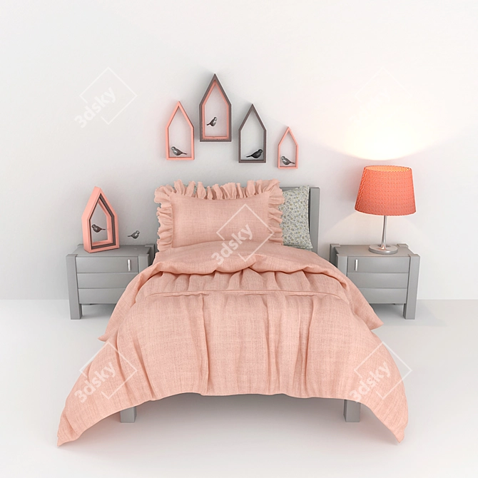 Uptown Grey Bed Set with Chic Pink Bedding 3D model image 2