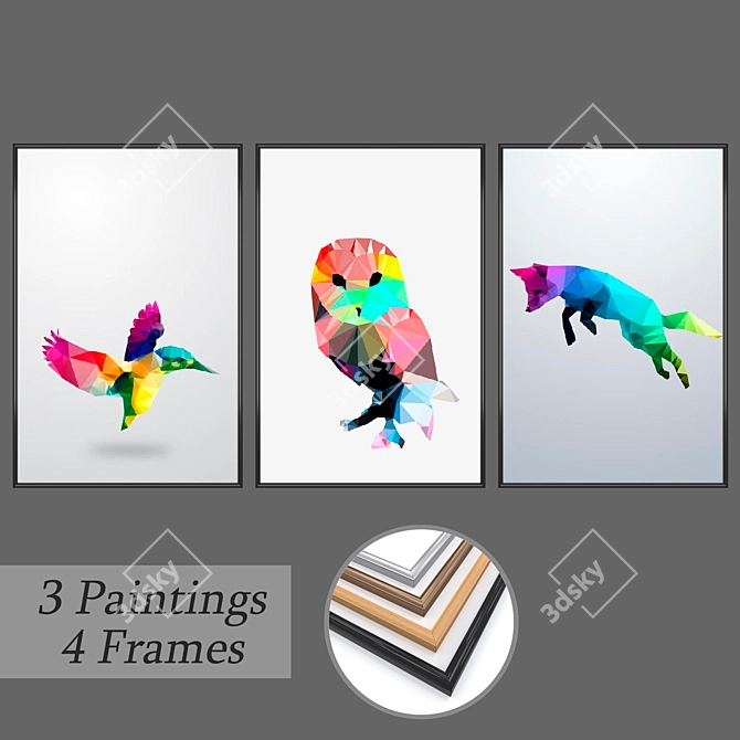 Versatile Wall Art Set with 3 Paintings & 4 Frames 3D model image 1