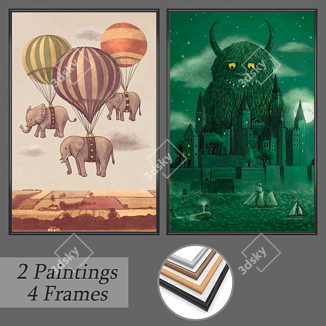 Elegant Framed Set: 3 Paintings, 4 Frames 3D model image 1