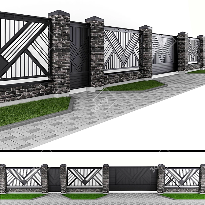 Brick Fence Set with Gates 3D model image 1