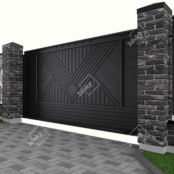 Brick Fence Set with Gates 3D model image 2