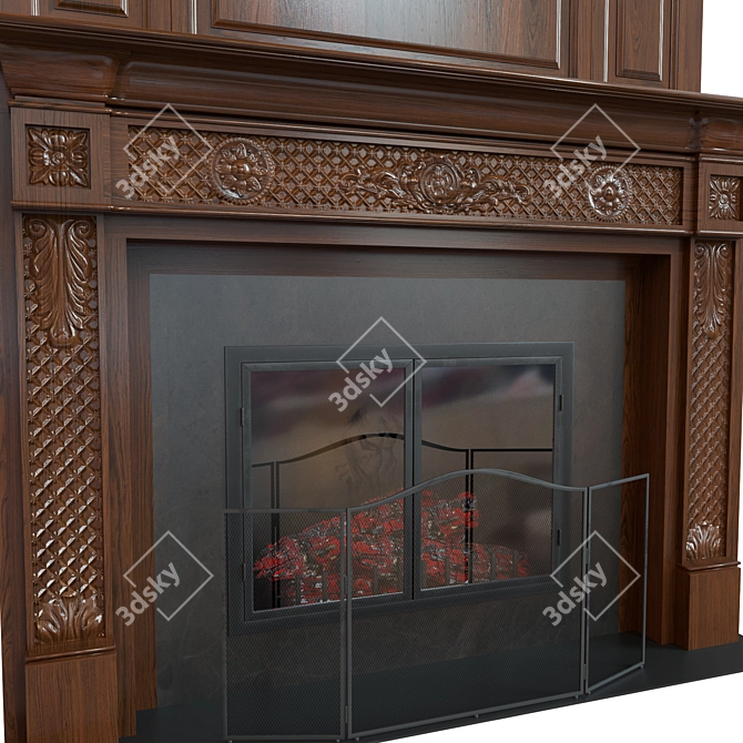 Classic Wooden Fireplace with Carvings 3D model image 2