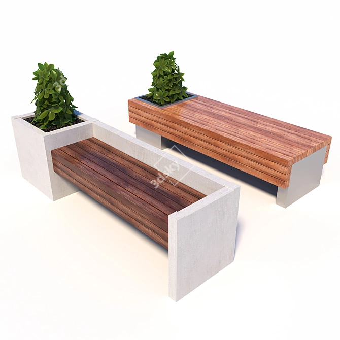 Natural Scale Street Benches with Plants 3D model image 1