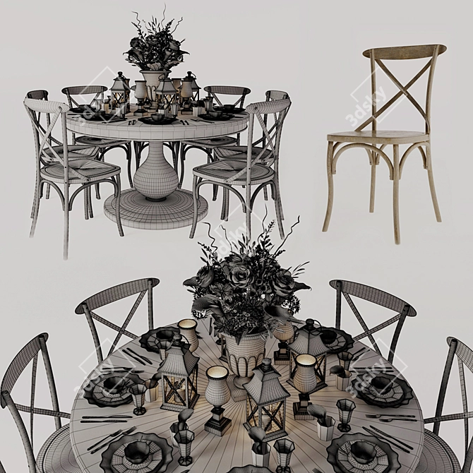 Elegant Dining Set with Rustic Table & Stackable Chairs 3D model image 3