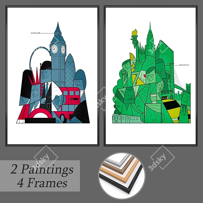 Artistic Wall Decor Set with Frame Options 3D model image 1