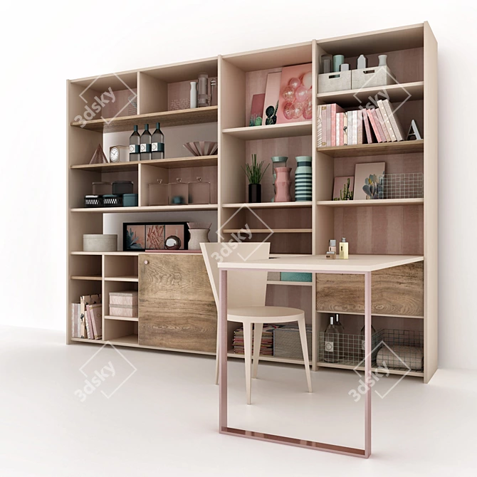 Versatile Shelving with Table, Chair & Decor 3D model image 2