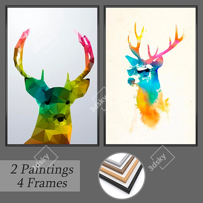 Modern Art Set 175: 2 Paintings & 4 Frames 3D model image 1