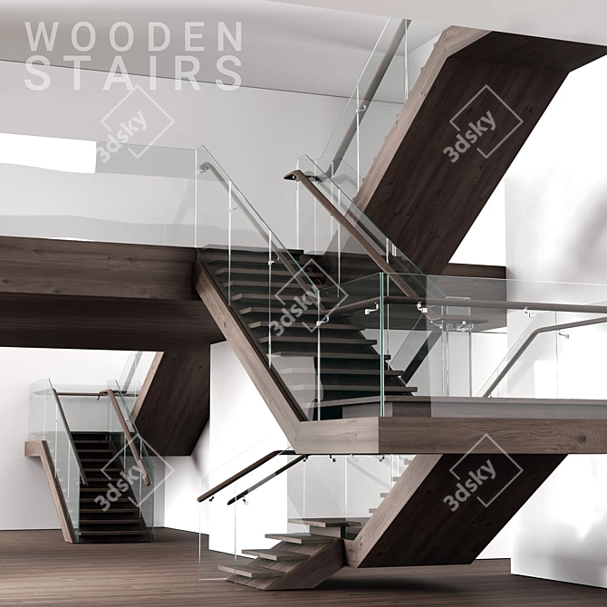 Modern Loft Wooden Stairs Kit 3D model image 1