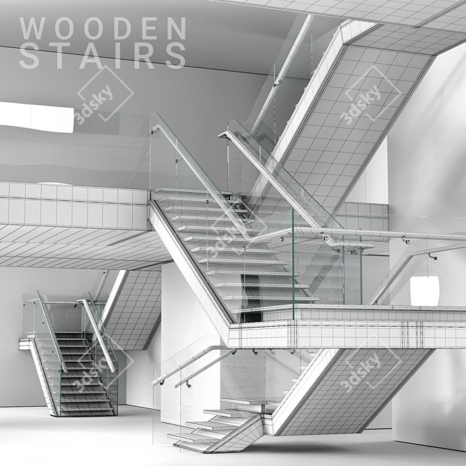 Modern Loft Wooden Stairs Kit 3D model image 2