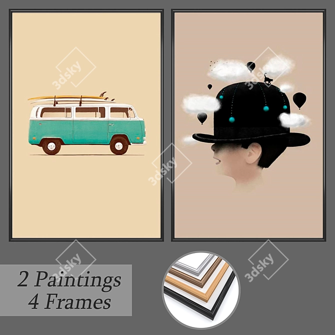 Gallery Set: 2 Paintings & 4 Frames 3D model image 1