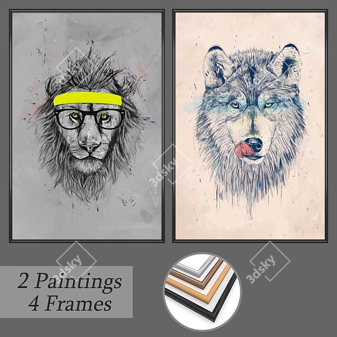 Modern Art Set: 2 Paintings & 4 Frame Options 3D model image 2