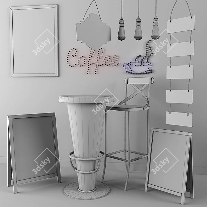 Vintage Coffee Shop Set: Table, Chair, Board 3D model image 2