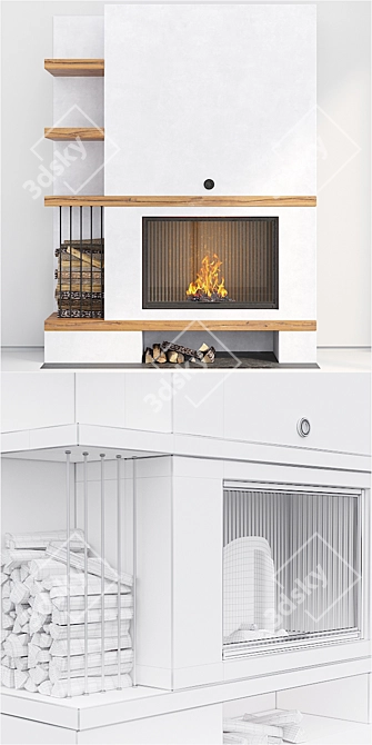Modern White Plastered Fireplace 3D model image 1