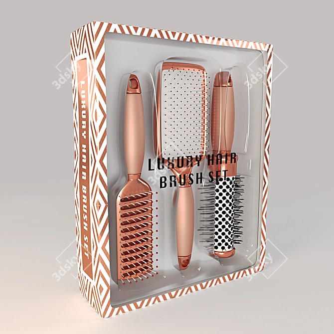 Rose Gold Brush Set: Paddle, Round & Skeleton Brushes 3D model image 1