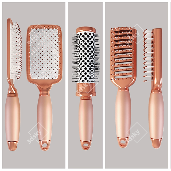 Rose Gold Brush Set: Paddle, Round & Skeleton Brushes 3D model image 3