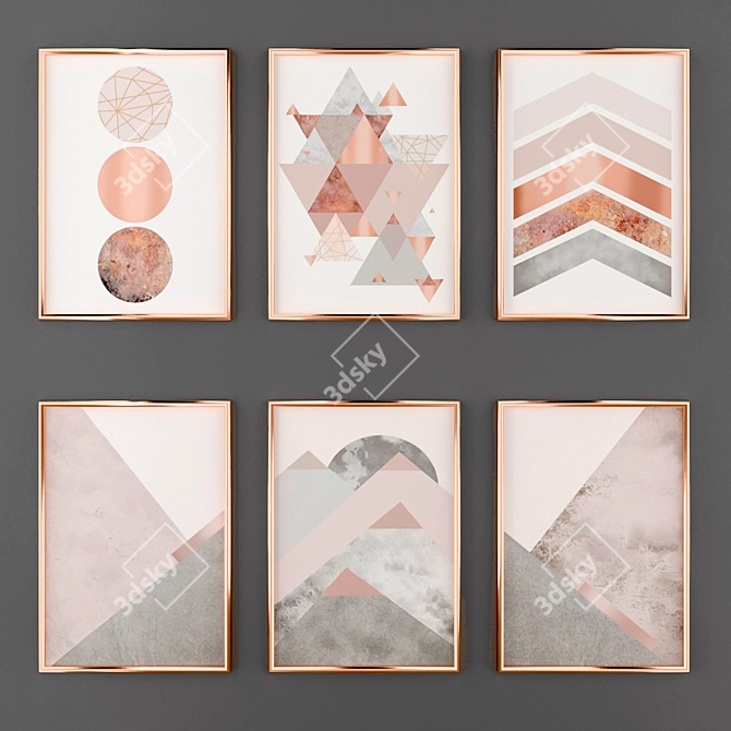 Minimalist Rose Gold Framed Poster Set 3D model image 1