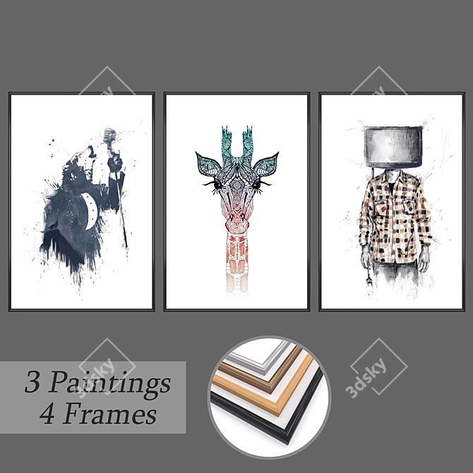 Artistic Collection: 3 Paintings and 4 Frames 3D model image 1