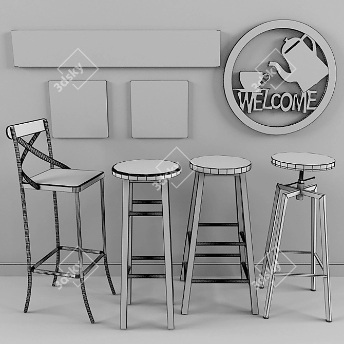 Vintage Cafe Setup - Chair, Board, Floor, Wifi 3D model image 2