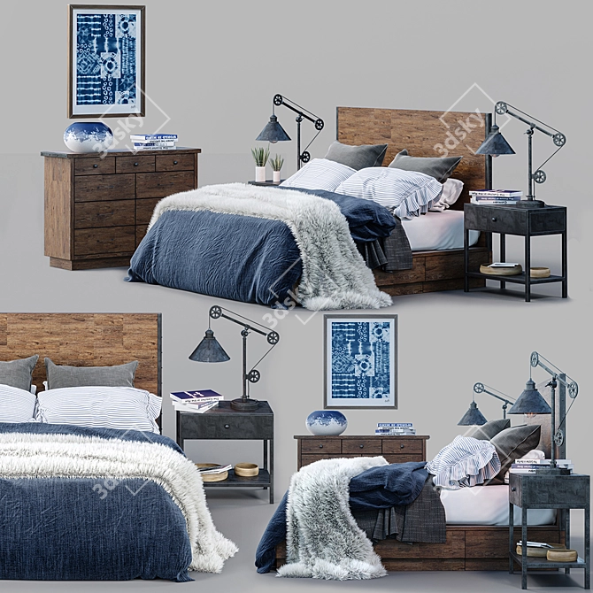 Reclaimed Wood Bed Set: Rustic Elegance 3D model image 1