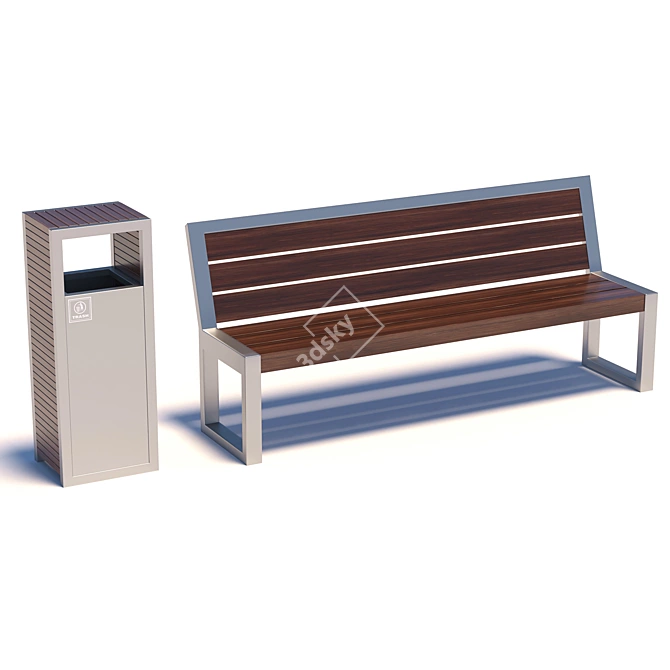 Urban Bench and Trash Bin 3D model image 1