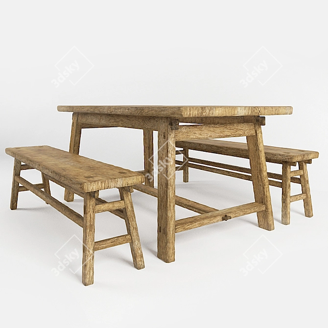 Rustic Country Table & Bench 3D model image 2