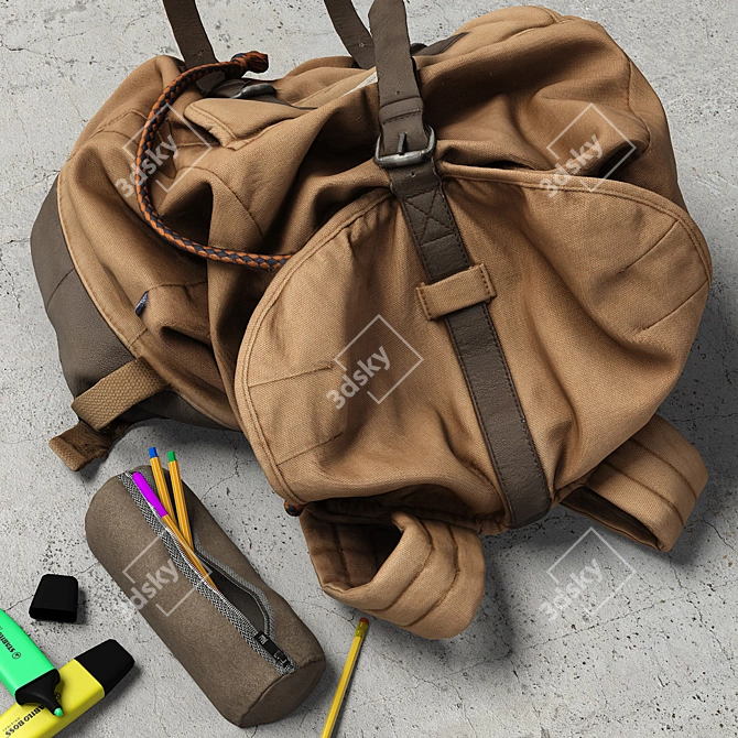 Vintage Backpack with Pencase 3D model image 2