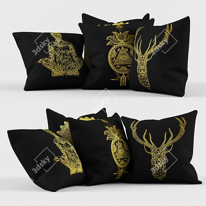 Ultimate Comfort: Black and Gold Pillow Set 3D model image 1