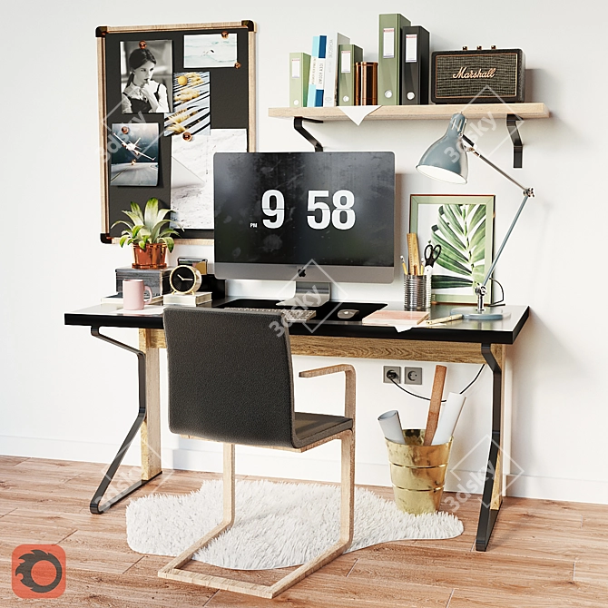 Modern Workstation Set: Desk, Chair, Clock, Lamp, Speaker 3D model image 1