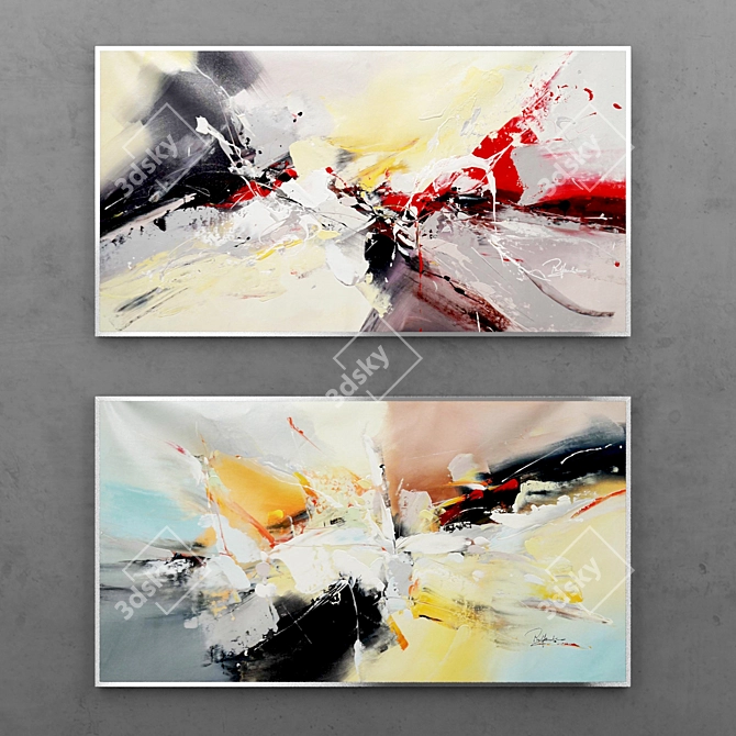 Yellow & White Abstract Set | Modern Expressive Paintings 3D model image 1